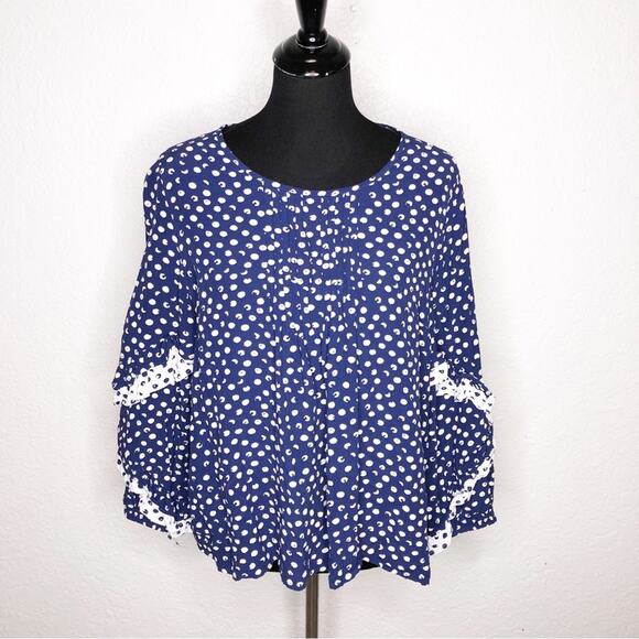 Soft Surroundings blue white polka dot ruffle trim top size Large - Picture 1 of 13